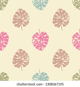 Vector beach seamless pattern wallpaper of grunge vintage tropical leaves of palm trees on a yellow background. Vector seamless pattern. Tropical illustration. Jungle foliage. Cool floral wallpaper
