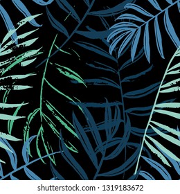 Vector beach seamless pattern wallpaper of green and blue tropical leaves of palm trees on the black background.  
