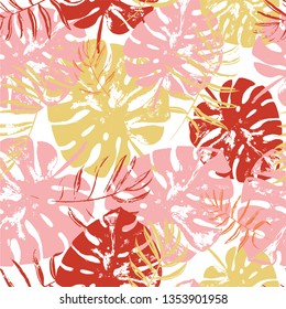 Vector beach seamless pattern wallpaper of autumn colored tropical leaves of palm trees on a white background. Vector seamless pattern. Tropical illustration. Jungle foliage. Cool floral wallpaper