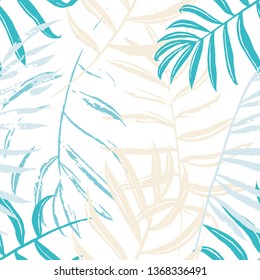 Vector beach seamless pattern wallpaper of cool colored tropical leaves of palm trees on a white background. Vector seamless pattern. Tropical illustration. Jungle foliage. Cool floral wallpaper