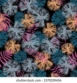 Vector beach seamless pattern wallpaper of grey and pink tropical leaves of palm trees on the black background. Vector seamless pattern. Tropical illustration. Jungle foliage. Cool floral wallpaper