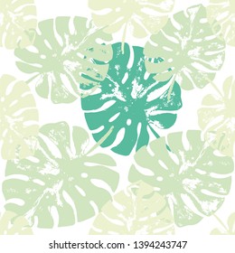 Vector beach seamless pattern wallpaper of green and turquoise tropical leaves of palm tree on a white background. Vector seamless pattern. Tropical illustration. Jungle foliage. Cool floral wallpaper