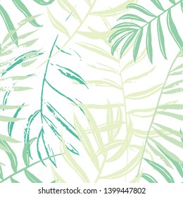 Vector beach seamless pattern wallpaper of green and turquoise tropical leaves of palm trees on a white background. Vector seamless pattern. Tropical illustration. Jungle foliage. Cool floral wallpape