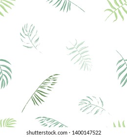 Vector beach seamless pattern wallpaper of green and khaki tropical leaves of palm trees on a white background. Vector seamless pattern. Tropical illustration. Jungle foliage. Cool floral wallpaper