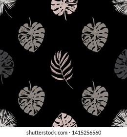 Vector beach seamless pattern wallpaper of tropical leaves of palm trees on the black background. Vector seamless pattern. Tropical illustration. Jungle foliage. Cool floral wallpaper