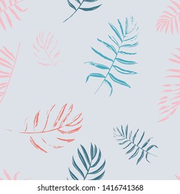 Vector beach seamless pattern wallpaper of grunge vintage tropical leaves of palm trees on a blue background. Vector seamless pattern. Tropical illustration. Jungle foliage. Cool floral wallpaper