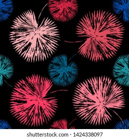 Vector beach seamless pattern wallpaper of blue and pink tropical leaves of palm trees on the black background. Vector seamless pattern. Tropical illustration. Jungle foliage. Cool floral wallpaper