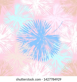 Vector beach seamless pattern wallpaper of blue and beige tropical leaves of palm trees on a pink background. Vector seamless pattern. Tropical illustration. Jungle foliage. Cool floral wallpaper