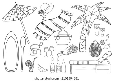 Vector beach set: parasol, hat, towel, palm, sup, paddle, camera, bag, wineglass, flower, basket, sunscreen, shell, cocktail, croissant, bottle, lounger. Graphic isolated illustration for icon, patter