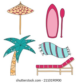 Vector beach set in pink, emerald and yellow colors: parasol, sup with paddle, palm, towel, lounger.