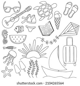 Vector beach set: sunglasses, guitar, swimsuit, fishes, sea horse, watermelon, jellyfish, starfish, ice cream, seaweed, sunset, boat, suitcase, kite, book, turtle, flip flops. Vacation icon, sticker