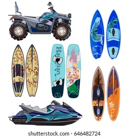 Vector beach sport equipment icons set. Water scooter, quad bike, two sides of surfing boards and wakeboard isolated on white background. Flat style design.