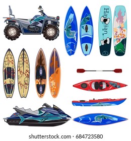 Vector beach sport equipment icons set. Water scooter, quad bike, two sides of surfing boards and wakeboard, kayak with paddle, isolated on white background. Flat style design.