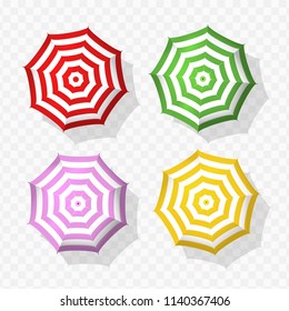 Vector beach striped red, green, violet and yellow umbrellas set on transparent background, ready to use.