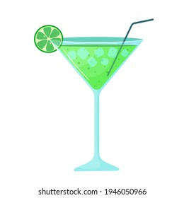 Vector beach summer cocktail. Alcoholic drink with a slice of lime. Illustration isolated on white background
