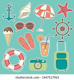 vector beach summer icons set with anchor, helm, lifebuoy, ice cream, umbrella, sunglasses, starfish, shell, cocktail, flip flops. Vector vacation illustration