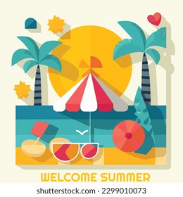 vector of beach at the summer view, cute illustration of summer.