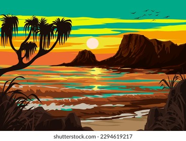 Ilustración de la puesta de sol de la playa vectorial con colinas en segundo plano