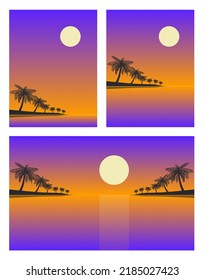 Vector beach sunset ocean landscape illustration for banner. Summer sunset background. Colorful tropical landscape with moon, palm trees forest and calm water reflection. Hello august set poster