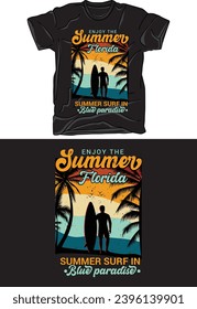 Vector, playa, puesta de sol, plantilla de diseño de camisetas de verano