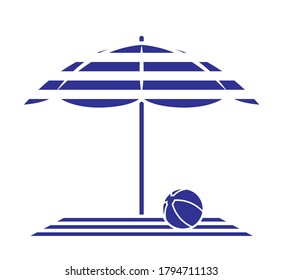 vector beach towel and ball under beach umbrella isolated on white background