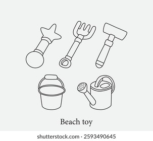 vector beach toy set for summer trips .Shovel ,rake ,bucket set of children's toys in doodle style