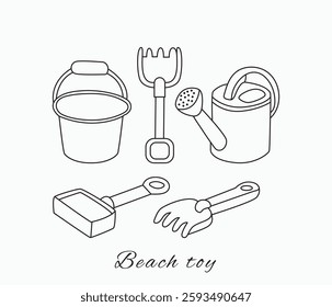 vector beach toy set for summer trips .Shovel ,rake ,bucket set of children's toys in doodle style