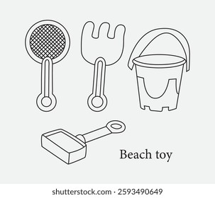 vector beach toy set for summer trips .Shovel ,rake ,bucket set of children's toys in doodle style