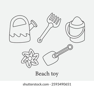 vector beach toy set for summer trips .Shovel ,rake ,bucket set of children's toys in doodle style