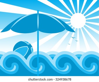 Vector Beach Umbrella And Beach Ball Floating On The Waves