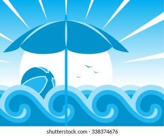 vector beach umbrella and beach ball floating on the waves