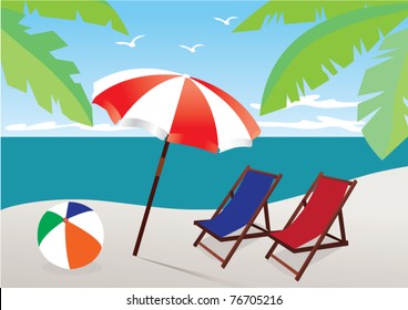 vector beach with umbrella, chairs and a ball