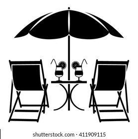 vector beach umbrella, deck chairs and summer cocktails isolated on white background