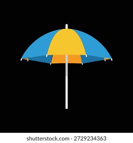Vector beach umbrella icon in vibrant blue and yellow with orange underside and white pole. vector illustration for summer, beach, vacation, sun protection, and tropical concepts.