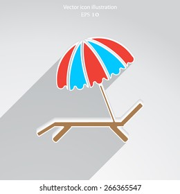 Vector beach umbrella and lounger flat icon illustration.