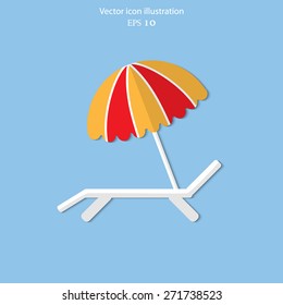 Vector beach umbrella and lounger flat icon illustration.