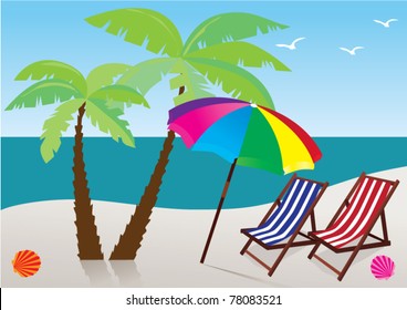 vector beach with umbrella, palms and chairs