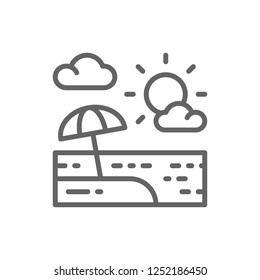 Vector beach umbrella in sand landscape line icon. Symbol and sign illustration design. Isolated on white background