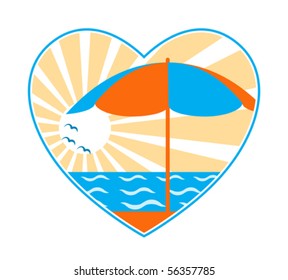 vector beach umbrella, sea and sun in heart on white background