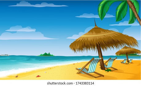 Vector beach with umbrellas and chairs