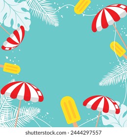 Vector beach umbrellas and ice cream decorative frame template on blue background. Web layout banners design. Poster signboard, greeting card. Summer and freshness  vacation concept creative design. 
