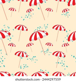 Vector beach umbrellas and ice cream decorative frame template on blue background. Web layout banners design. Poster signboard, greeting card. Summer and freshness  vacation concept creative design. 