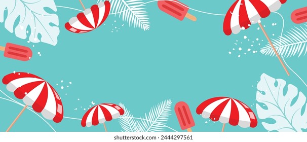 Vector beach umbrellas and ice cream decorative frame template on blue background. Web layout banners design. Poster signboard, greeting card. Summer and freshness  vacation concept creative design. 