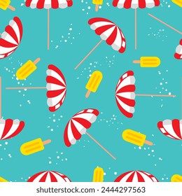 Vector beach umbrellas and ice cream decorative frame template on blue background. Web layout banners design. Poster signboard, greeting card. Summer and freshness  vacation concept creative design. 