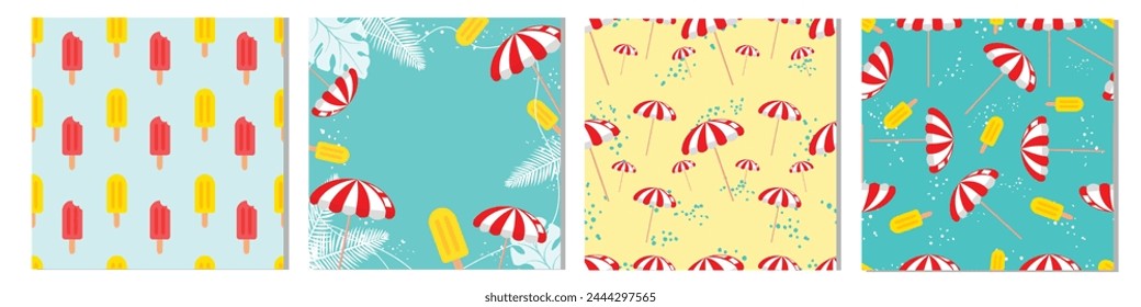 Vector beach umbrellas and ice cream decorative frame template on blue background Web layout banners design. Poster signboard, greeting card. Summer and freshness vacation concept cool set collection.