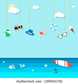 Vector beach with waves, bright towels and blue surfing board