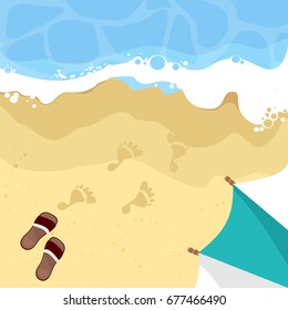 Vector beach with waves, footprint, ple flops and sunshade. flat vector illustration.