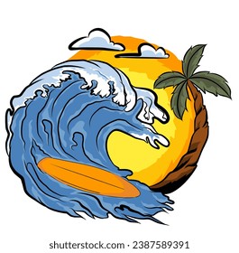 vector of beach waves and surfboard, design for screen printing clothes