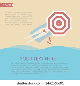 Vector beach with waves, umbrella, sand, girl on towel and text box. Vector. Eps10.