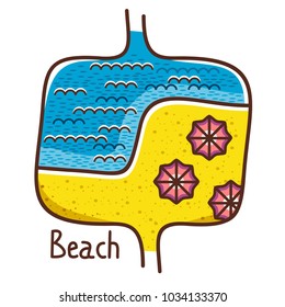 Vector beach with waves, umbrellas.